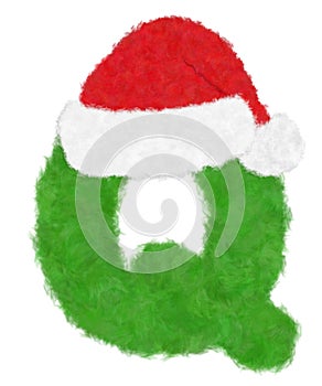 3D Ã¢â¬ÅGreen wool fur feather letterÃ¢â¬Â creative decorative with Red Christmas hat, Character Q isolated in white background